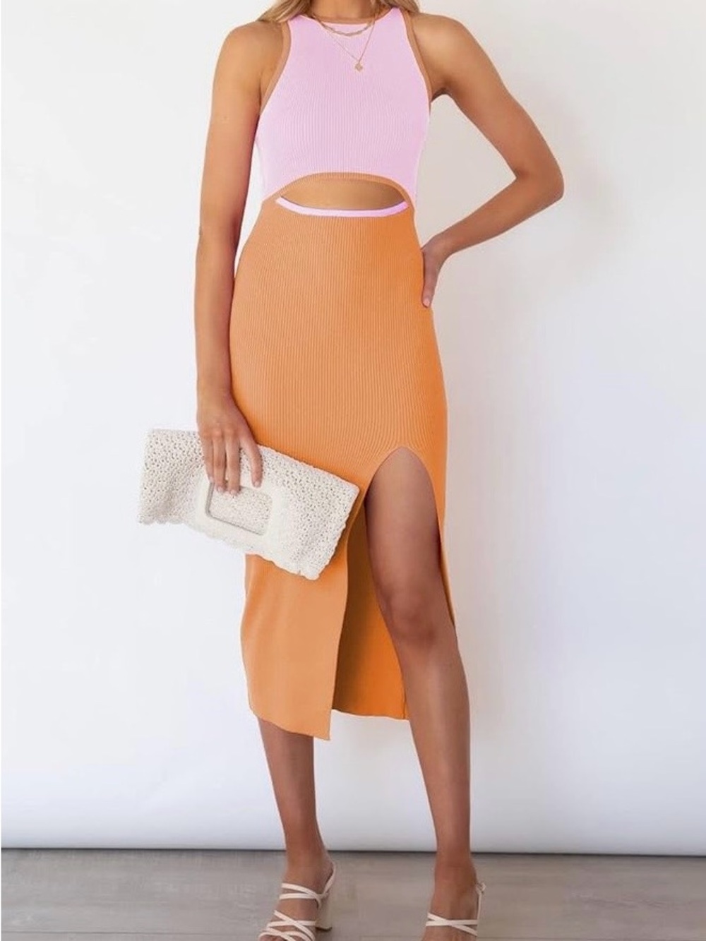 Colorblock Pink and Orange Ribbed Midi Skirt with Side Slit
